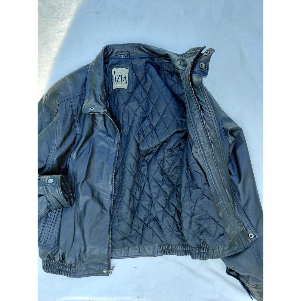 Azia Collection Mens XL Black Leather Bomber Jacket Quilted Lined Vintage Zip Up